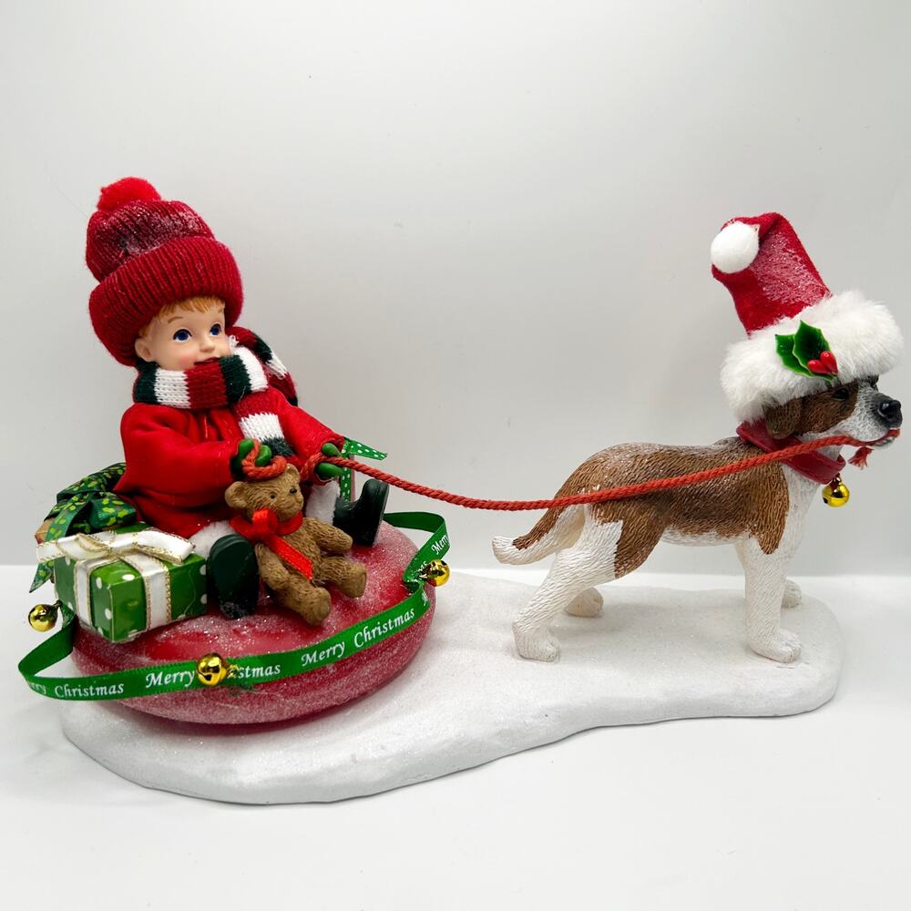 Possible Dreams “Tubing“ Dept 56 Clothtique Child & Dog Christmas #6005270 EUC
